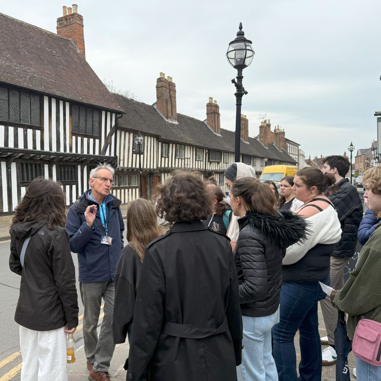 Here I am with a group of US college theatre students opposite Shakespeare's Schoolroom